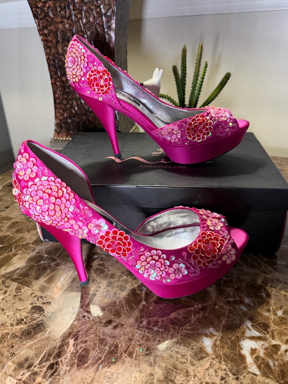 Nina Hot Pink Sequined Floral Peep-Toe Heels
